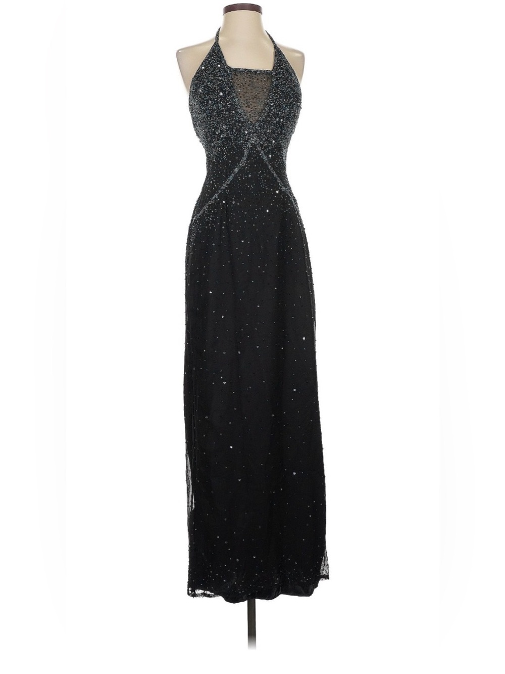 Scala Elegant Blue and Black Midnight Sky  Beaded Halter Evening Dress